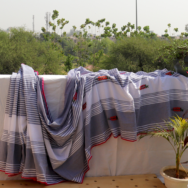 Kirgiti's Grey White Stripped Hand Embroidered Cotton Saree - image 4